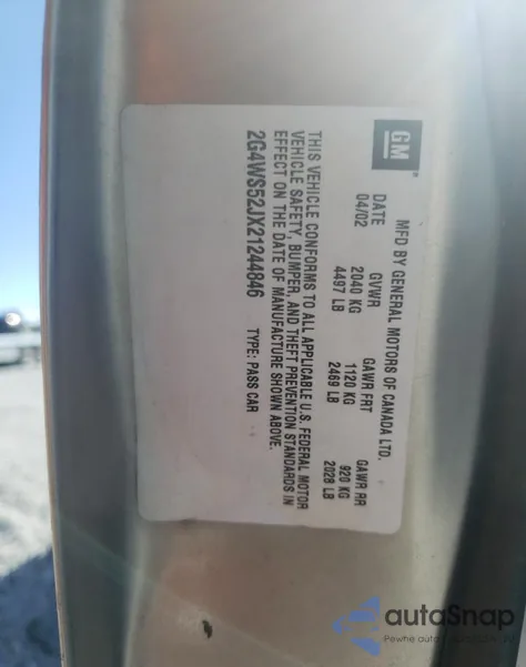 2002 Buick Century Custom z USA, uszkodzony, nr VIN 2G4WS52JX21244846